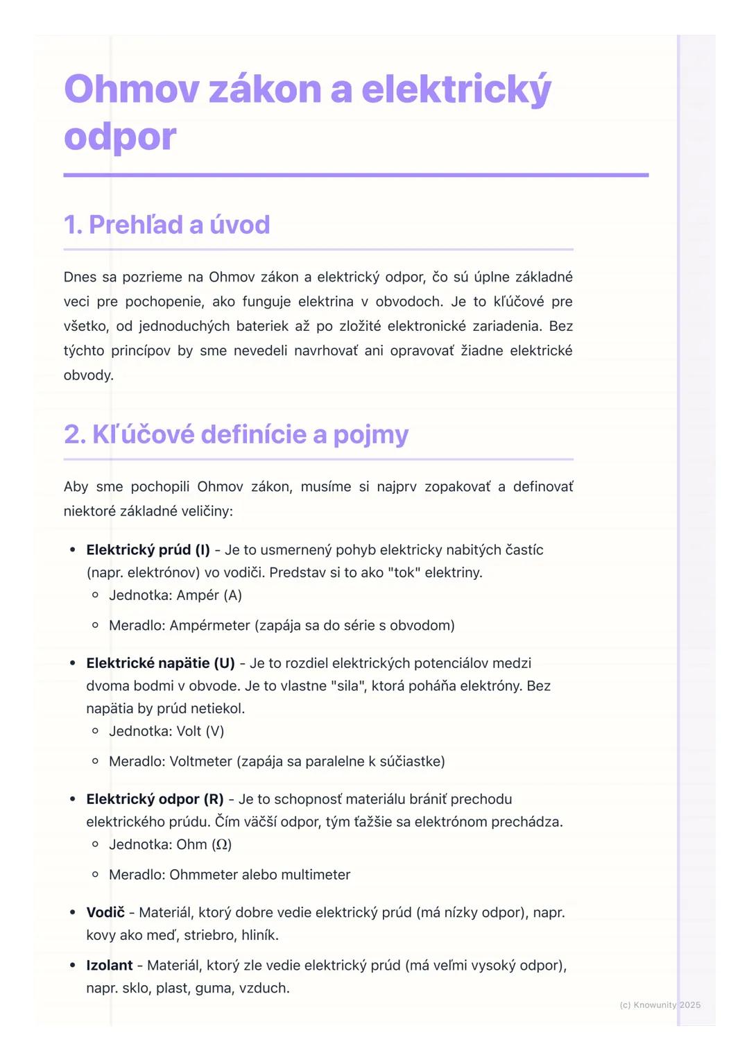 # Ohmov zákon a elektrický
odpor
1. Prehľad a úvod
Dnes sa pozrieme na Ohmov zákon a elektrický odpor, čo sú úplne základné
veci pre pocho