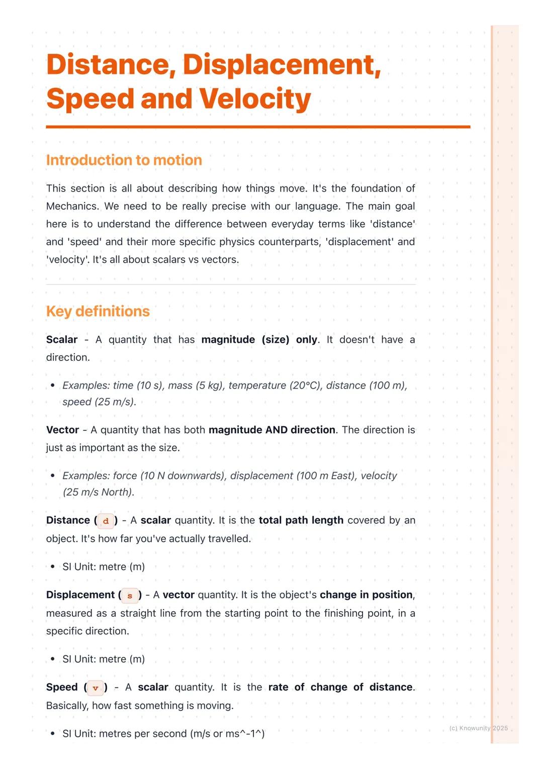 # Distance, Displacement, Speed and Velocity
Introduction to motion
This section is all about describing how things move. It's the foundat