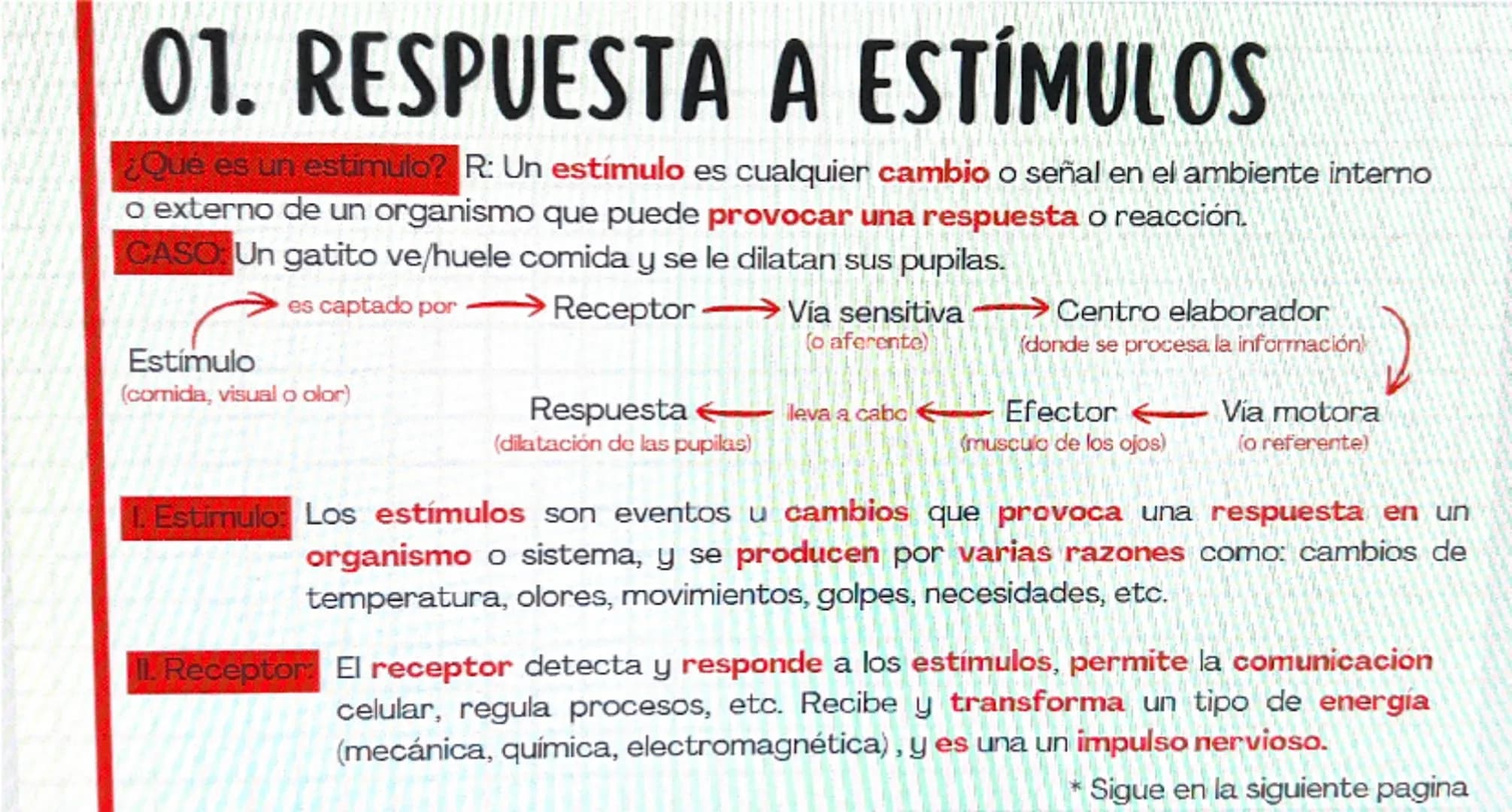 # 01. RESPUESTA A ESTÍMULOS
¿Qué es un estimulo? R: Un estímulo es cualquier cambio o señal en el ambiente interno
o externo de un organism