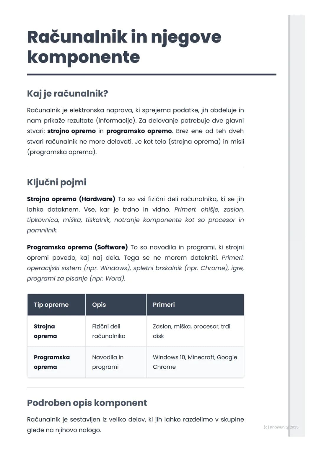 # Računalnik in njegove
komponente
Kaj je računalnik?
Računalnik je elektronska naprava, ki sprejema podatke, jih obdeluje in
nam prikaže