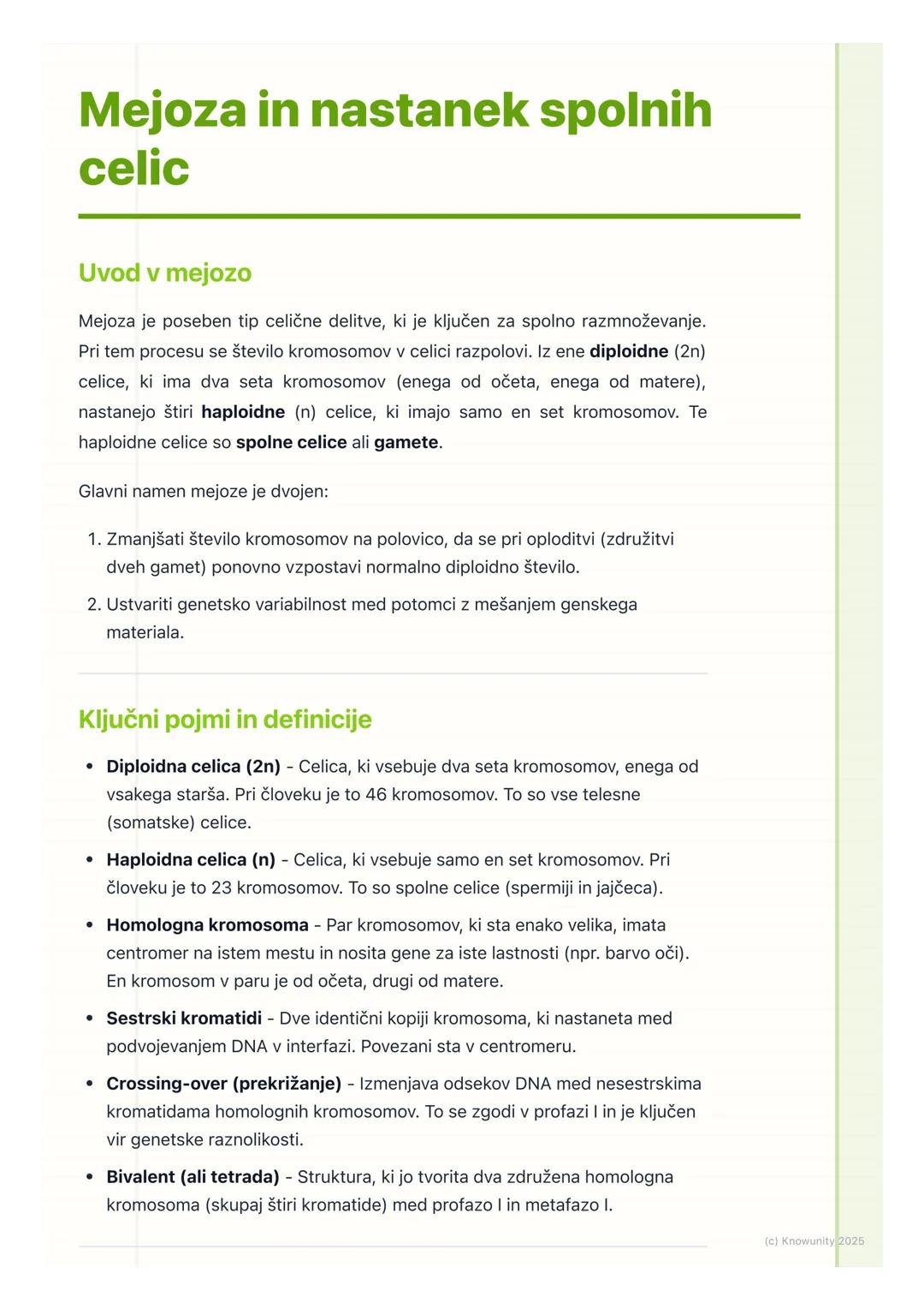 # Mejoza in nastanek spolnih
celic
Uvod v mejozo
Mejoza je poseben tip celične delitve, ki je ključen za spolno razmnoževanje.
Pri tem pro