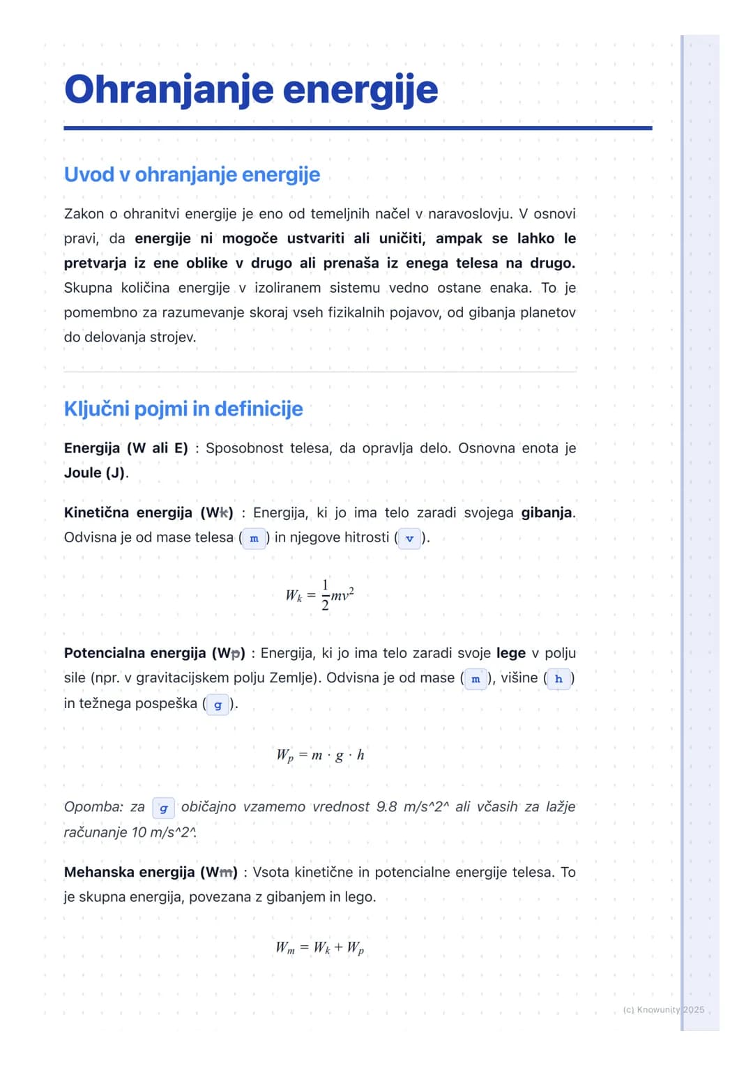 # Ohranjanje energije
Uvod v ohranjanje energije
Zakon o ohranitvi energije je eno od temeljnih načel v naravoslovju. V osnovi
pravi, da e
