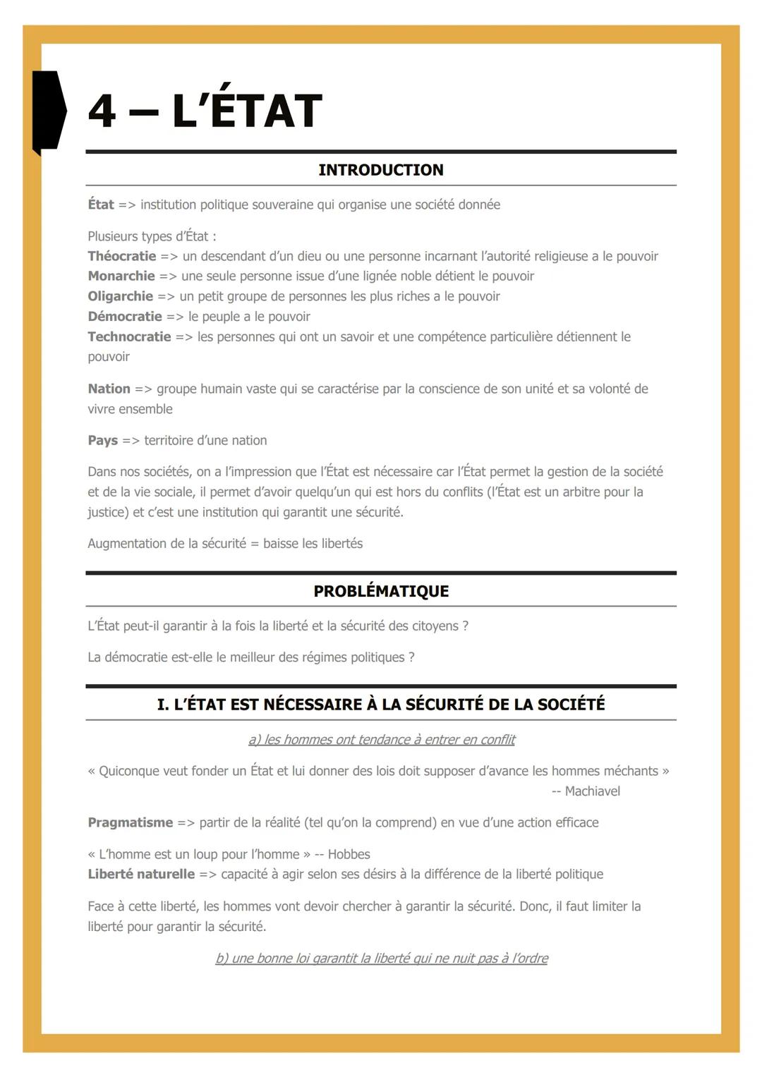 # 4 - L'ÉTAT
INTRODUCTION
État => institution politique souveraine qui organise une société donnée
Plusieurs types d'État :
Théocratie =>
