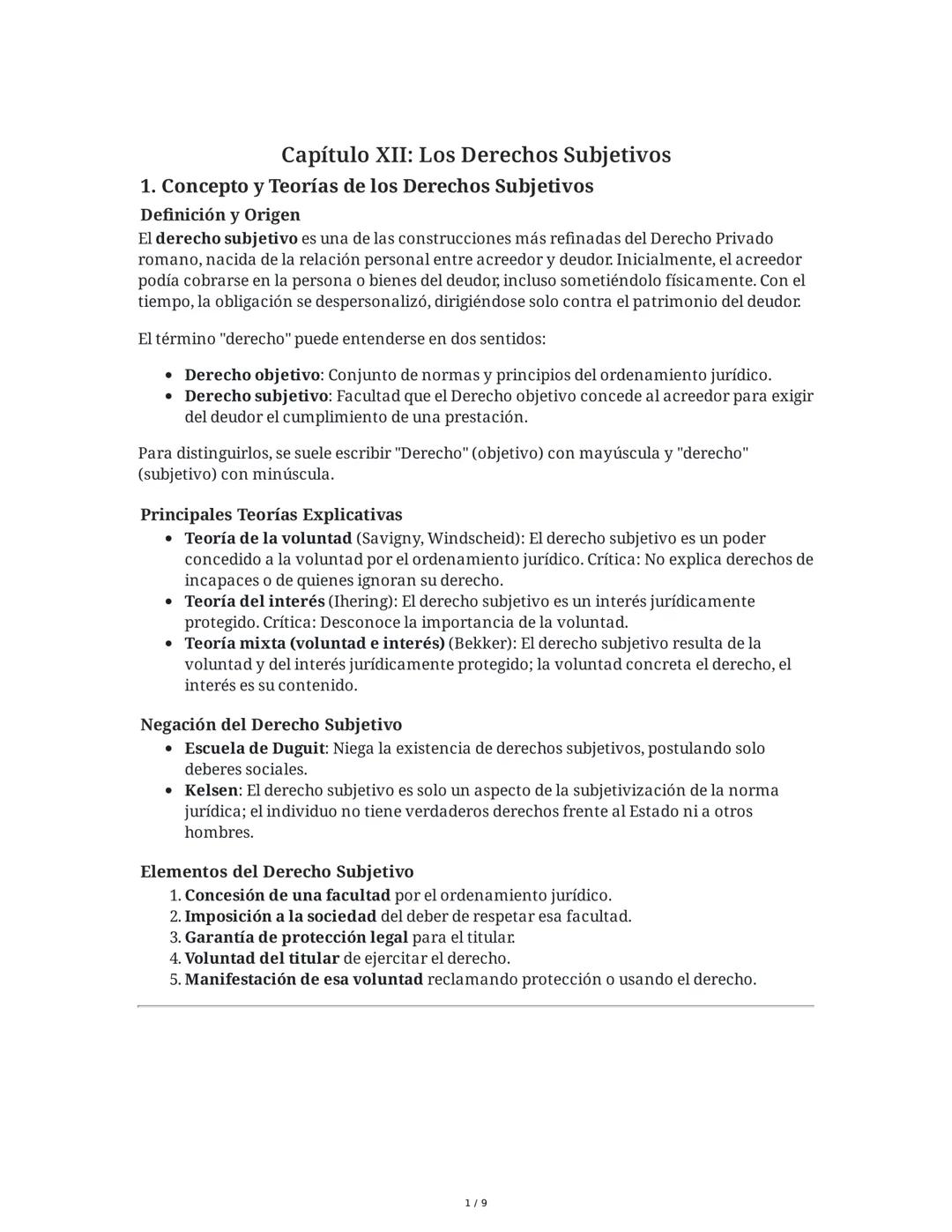 Capítulo XII: Los Derechos Subjetivos
1. Concepto y Teorías de los Derechos Subjetivos
Definición y Origen
El derecho subjetivo es una de la