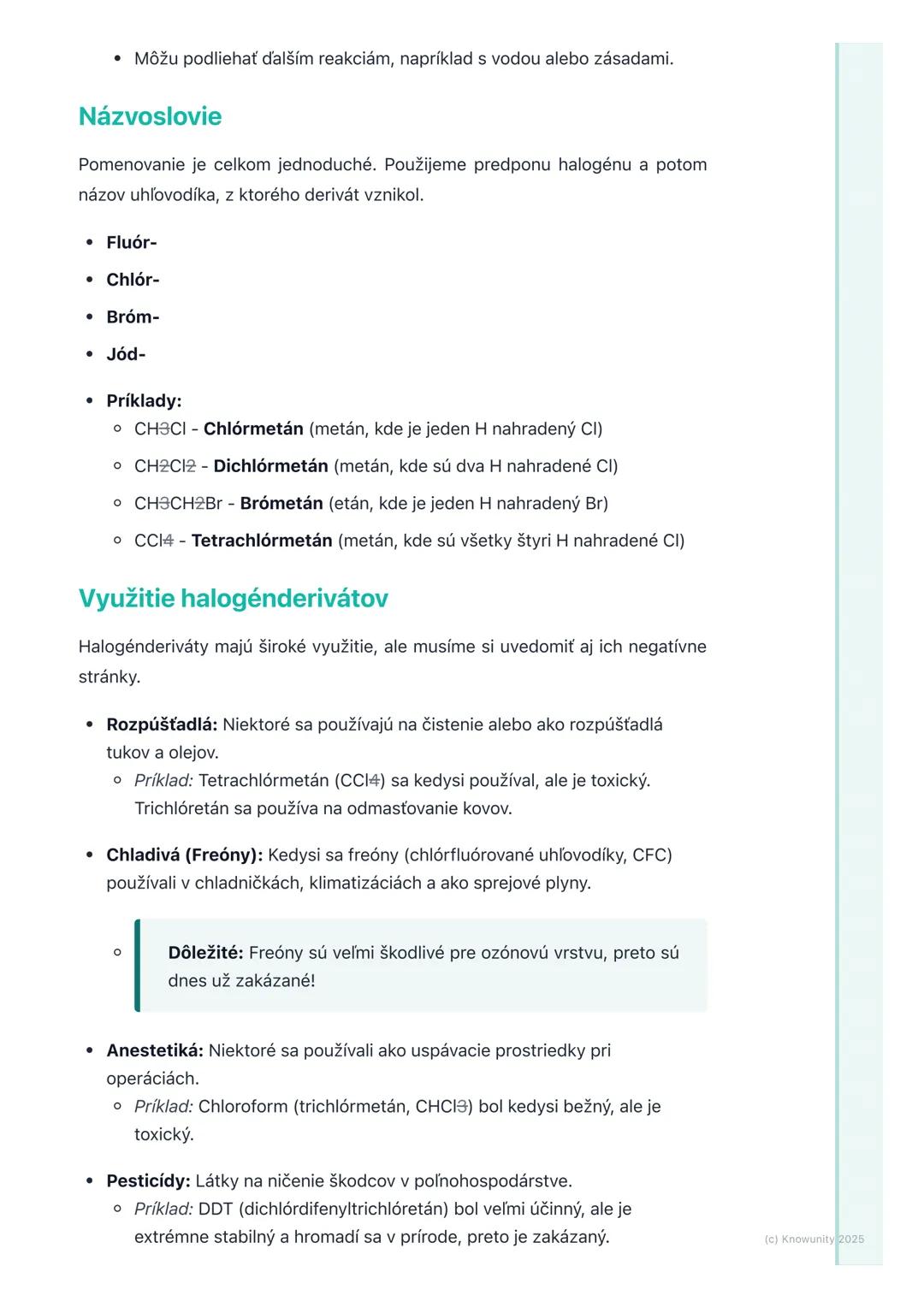 # Halogénderiváty
## 1. Prehľad / Úvod
Takže, dnes sa pozrieme na halogénderiváty. Sú to organické zlúčeniny, čo
znamená, že obsahujú uhlí