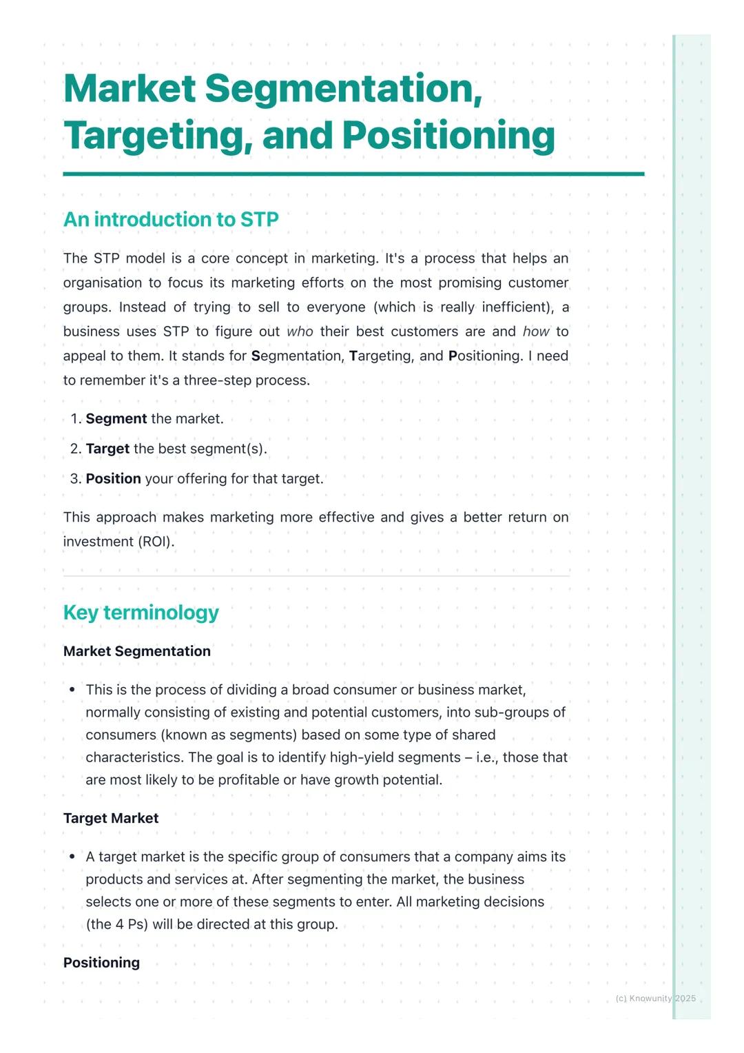 # Market Segmentation,
Targeting, and Positioning
An introduction to STP
The STP model is a core concept in marketing. It's a process that