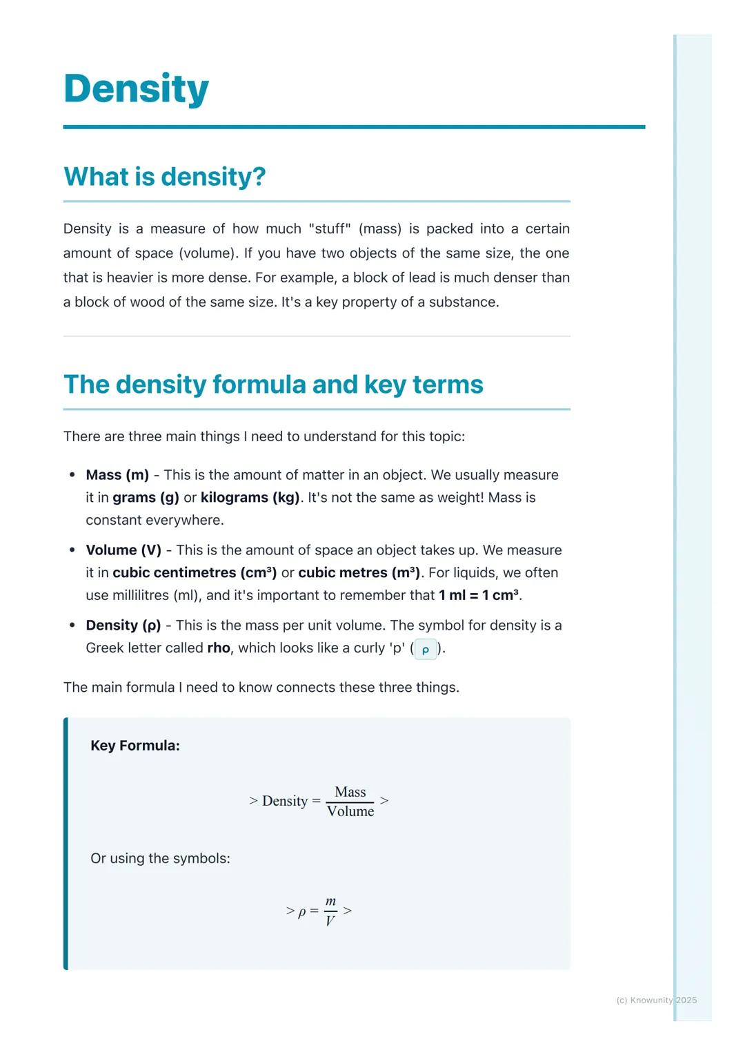 # Density
## What is density?
Density is a measure of how much "stuff" (mass) is packed into a certain
amount of space (volume). If you ha