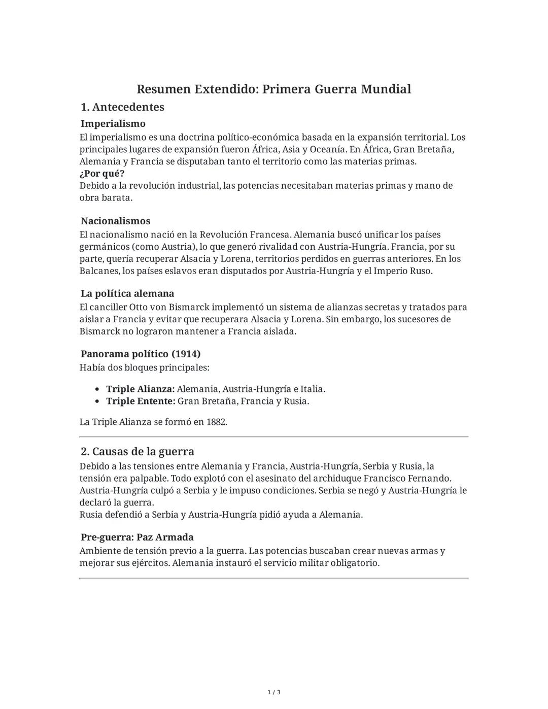 Resumen Extendido: Primera Guerra Mundial
1. Antecedentes
Imperialismo
El imperialismo es una doctrina político-económica basada en la expan