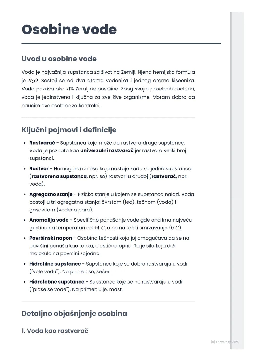 # Osobine vode
Uvod u osobine vode
Voda je najvažnija supstanca za život na Zemlji. Njena hemijska formula
je H2O. Sastoji se od dva atoma