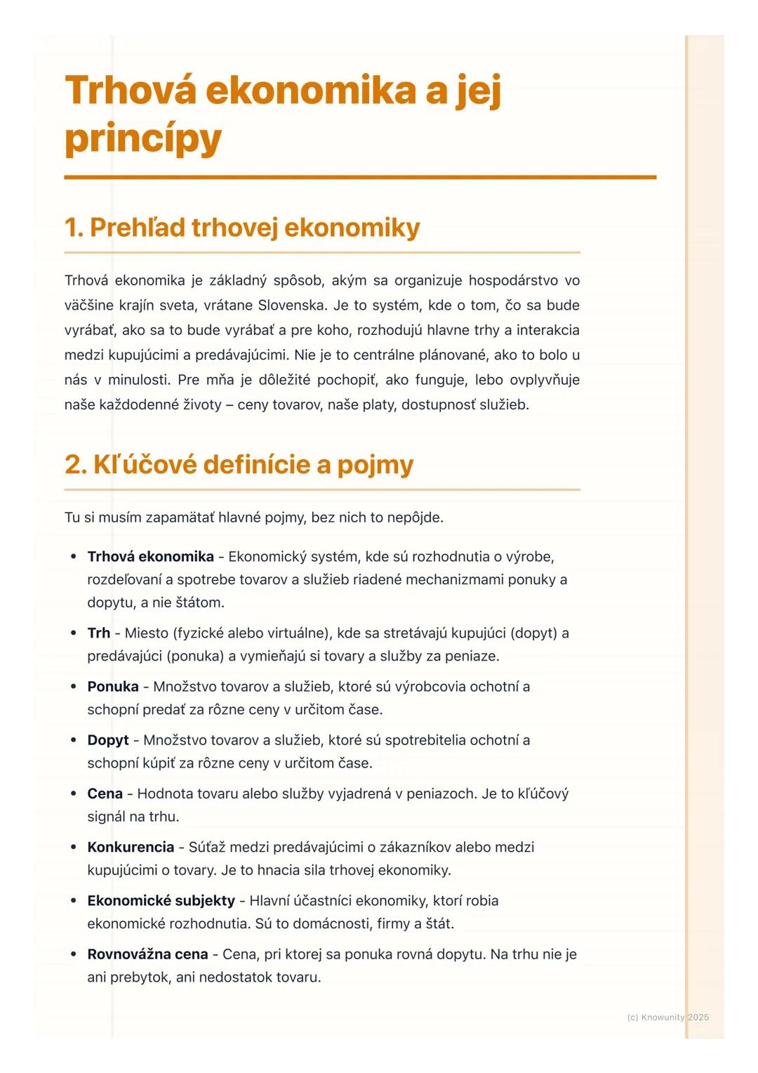 # Trhová ekonomika a jej
princípy
1. Prehľad trhovej ekonomiky
Trhová ekonomika je základný spôsob, akým sa organizuje hospodárstvo vo
väč