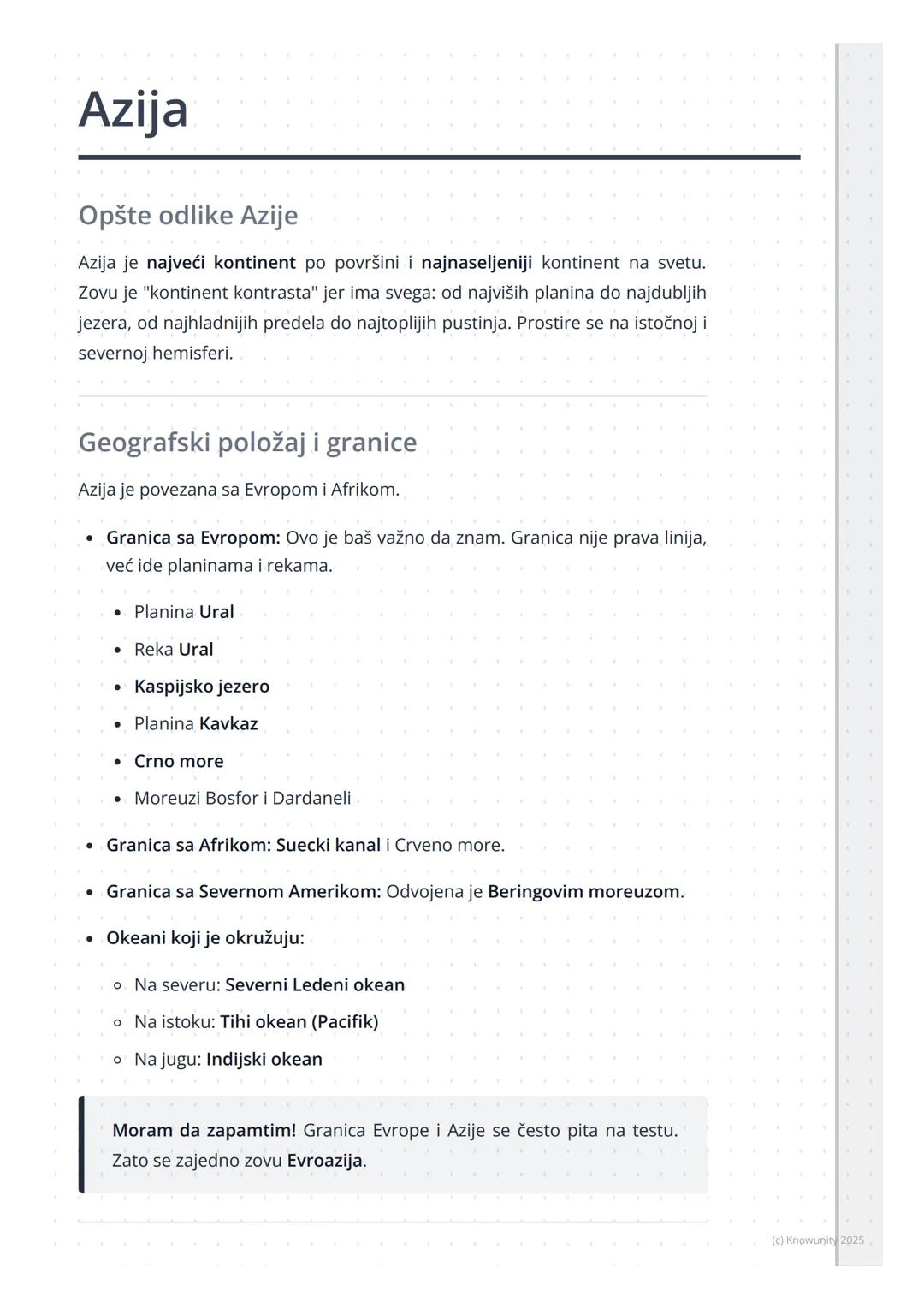 # Azija
Opšte odlike Azije
Azija je najveći kontinent po površini i najnaseljeniji kontinent na svetu.
Zovu je "kontinent kontrasta" jer i