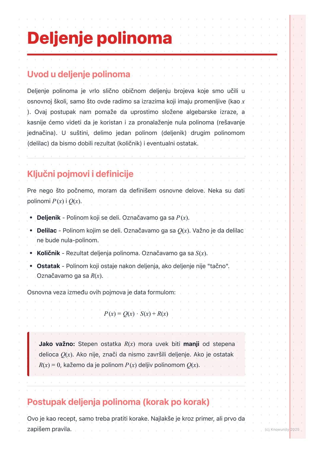# Deljenje polinoma
Uvod u deljenje polinoma
Deljenje polinoma je vrlo slično običnom deljenju brojeva koje smo učili u
osnovnoj školi, sa