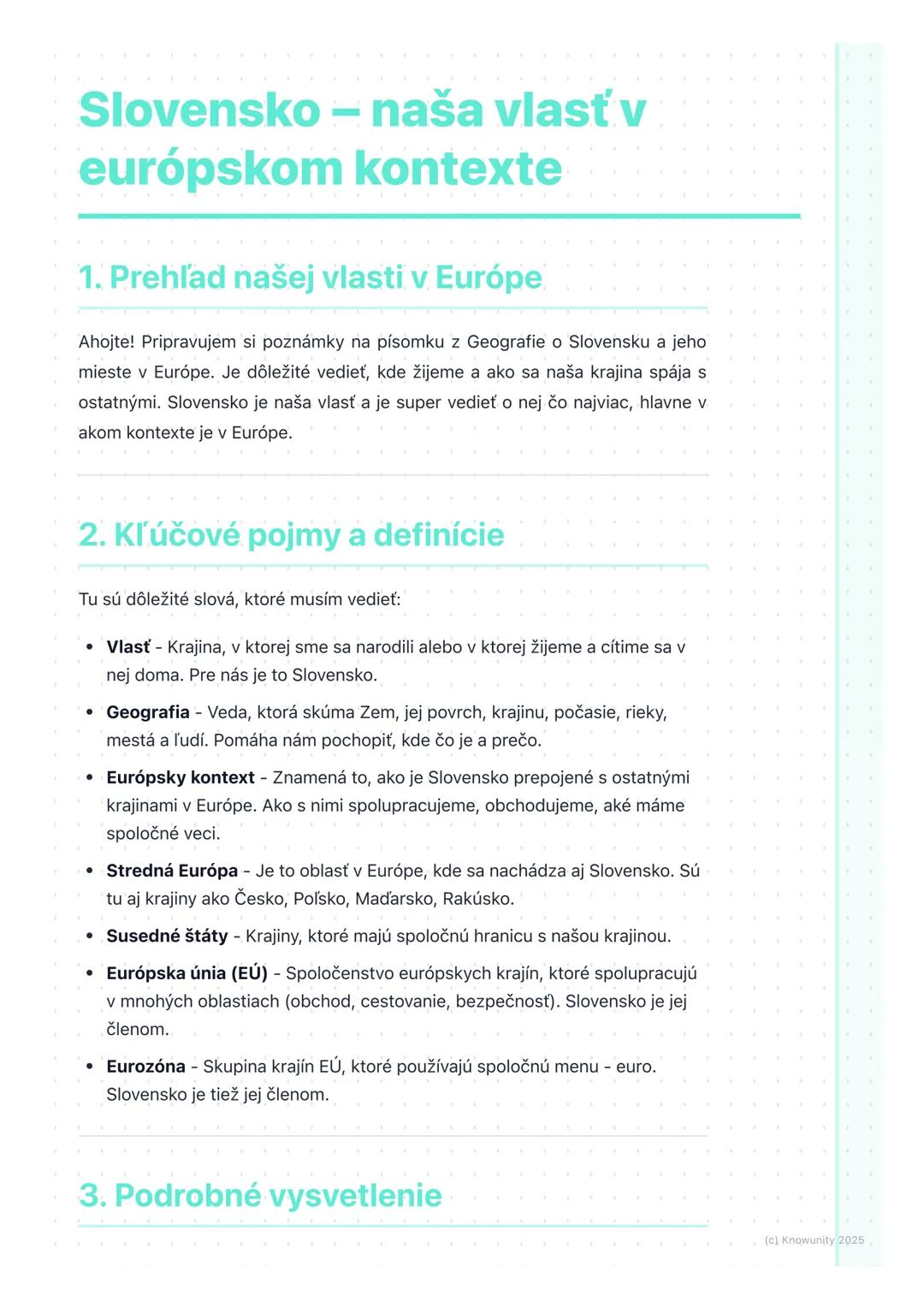 # Slovensko - naša vlasť v
európskom kontexte
1. Prehľad našej vlasti v Európe
Ahojte! Pripravujem si poznámky na písomku z Geografie o Sl