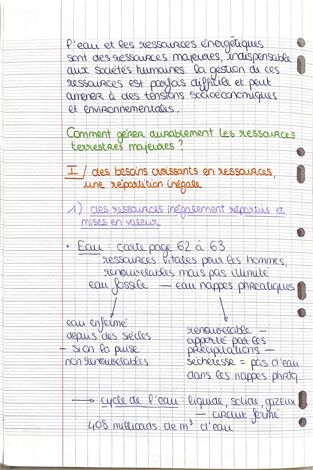 # Géo: thème 1
COURS 1
→ sociétés et environnement :
des équilibres fragiles
chapitre 2: des ressources majeures sous
pression: tensions,