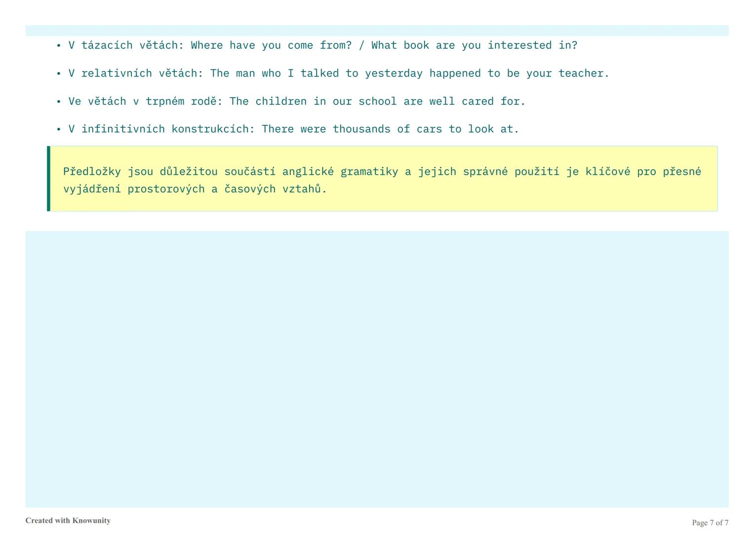 # Předložky v angličtině
Podrobné vysvětlení anglických předložek, jejich použití a umístění ve větách.
## Co jsou předložky?
Předložky (