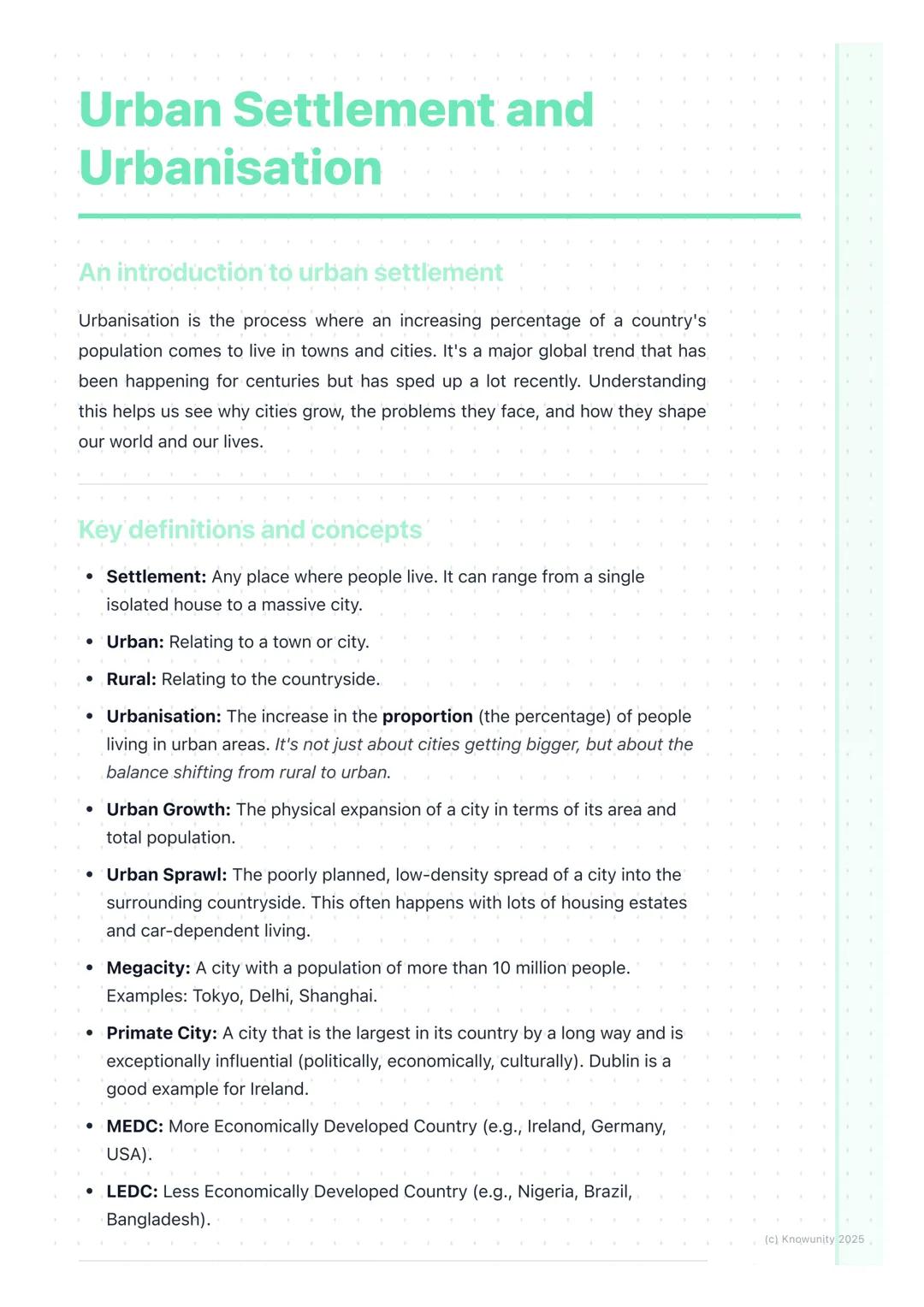 # Urban Settlement and
Urbanisation
An introduction to urban settlement
Urbanisation is the process where an increasing percentage of a co