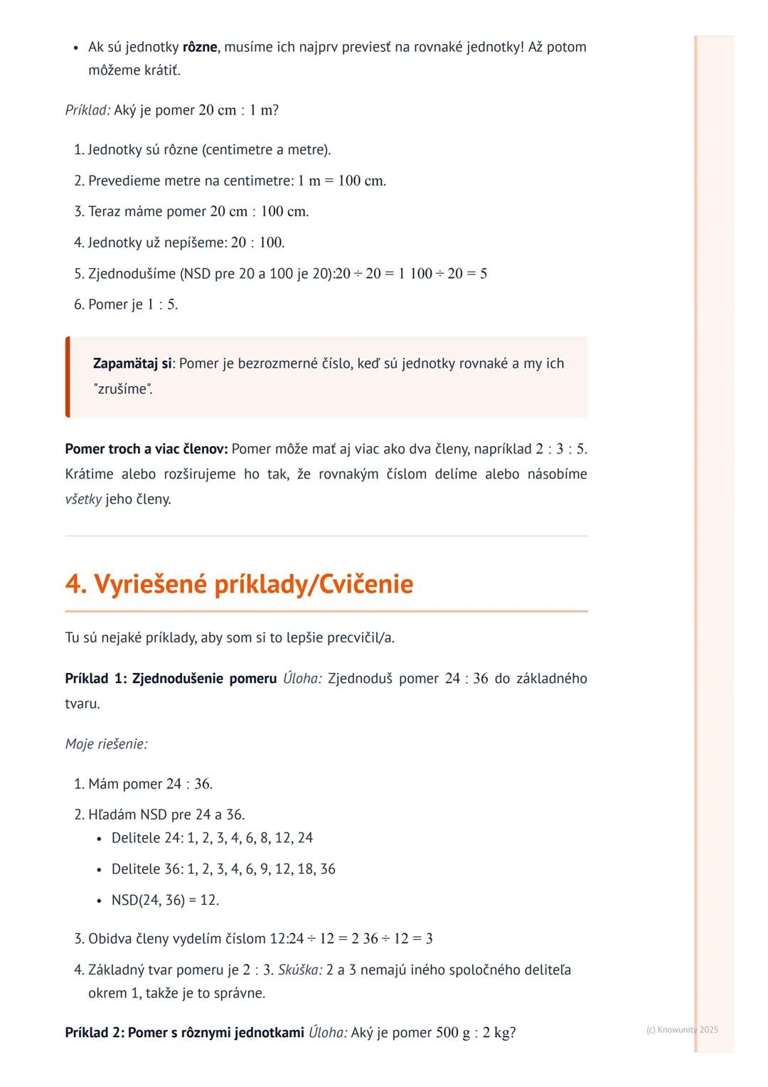 # Pomer
1. Prehľad pomeru
Pomer je spôsob, ako porovnávame dve alebo viac čísel, ktoré hovoria o množstve
niečoho. Ukazuje nám, koľkokrát